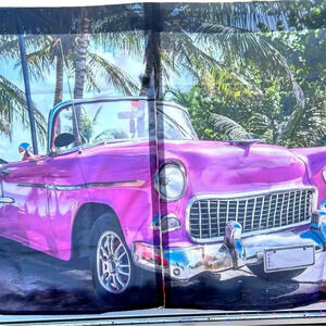 CLASSIC CAR LOVERS WINDOW CURTAINS WITH A RARE 1955 CHEVROLET PARKED IN PARADISE